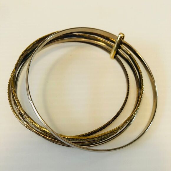 90s Style Gold Silver Tone Metal Bangles Hammered & Geometric Design - Picture 3 of 5